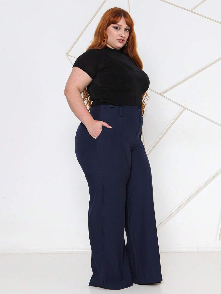 Plus Size Fashion Long Pants Without Belt And Pockets Without Belt - Azul Marinho - View 1