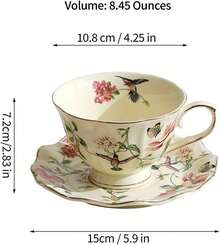 Fanquare Vintage Spring Style Tea Cup And Saucer Set, 8 Oz Porcelain Coffee Cup With Gold Trim, Flower And Bird Teacups For Women And Tea Parties - Bird and Flower - View 10