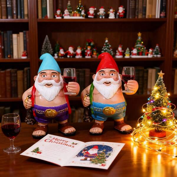 1 pieza Decoración navideña Gnomos - Estatuas de enanos de resina con copa de vino, decoración navideña perfecta y regalos festivos