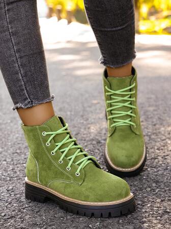 Women's Solid Color Round Toe Lace-Up Thick Sole Chunky Heel Short Boots, Fashion Versatile Casual Comfortable Stylish Ankle Boots For Autumn/Winter