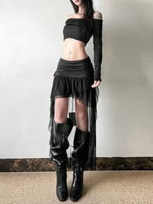 Váy ngắn xếp lớp lưới mỏng nhẹ Top Dazzle, màu đen trơn - màu đen - Xem 4