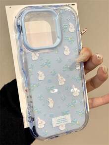 Flower 1pc Blue Floral Rabbit Wave Frame Jelly Phone Case Compatible With IPhone 16 Pro Max/11, Apple 14 Plus New 15 Pro, Korean Style 13 Pro, Girly 17 Pro, Niche 12/16 Pro/11, Full Coverage Anti-Drop Phone Protective Cover - Blue - View 3