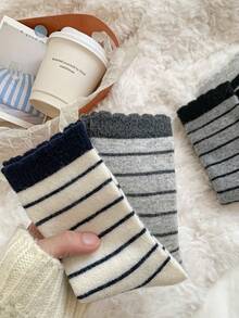 3 pares de calcetines gruesos y cálidos de lana con rayas para mujer, calcetines minimalistas de moda suaves hasta el tobillo, para otoño/invierno