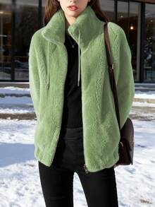 Women's Warm Plush Coat 2025 Autumn Winter - Solid Color Zipper Regular Jacket - 綠色 - 查看 1