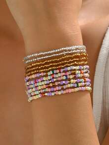 11pcs Minimalist Bohemian Style Handmade Beaded Crystal Glass Bead Multi-Layer Mixed Color Bracelet Set