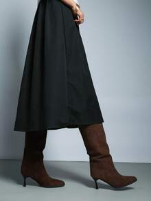 Bốt cao gót hở mũi vá nút thời trang thu/đông, bốt cao gót gợi cảm mới mùa hè 2025, bốt cao đến đùi mũi nhọn cho nữ, giày cao gót mèo con - Cà phê nâu - Xem 3