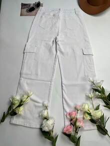 Y2K风格女式纯色直筒宽松休闲工装裤，春夏度假休闲裤，返校季长裤 白色 - 白色 - 查看 9