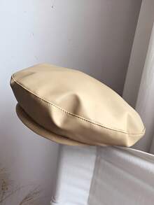 1pc Women's Black Flat Top Beret Hat, Versatile PU Painter Beret, Pumpkin Hat, Autumn/Winter