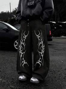 哥特式印花直筒运动裤，宽松版型，男女通用，休闲街头装，舒适，适合健身房/健身，四季皆宜 - 黑色 - 查看 1