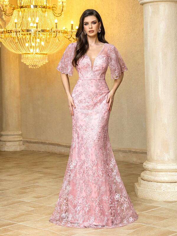 Vestido elegante de cóctel para mujer con escote profundo en V, espalda descubierta, mangas con volantes y bordado de malla