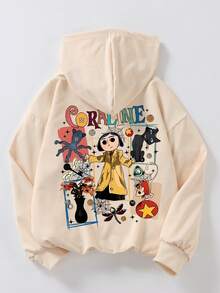 1 件印花图案女童长袖连帽套头衫，为年轻女孩/青春期女孩/少女女孩提供舒适、时尚、休闲的秋冬新款上衣 - 杏色 - 查看 2