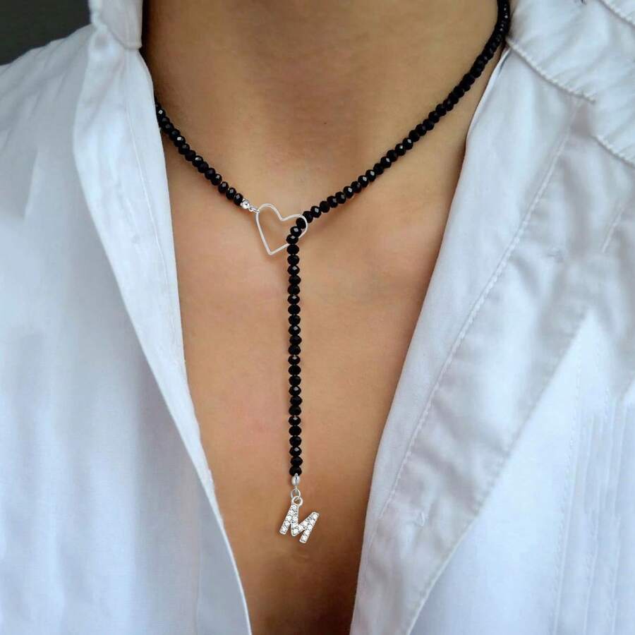 1pc Silver Letter Heart Crystal Beaded Necklace (For Women) - Silver Heart - View 1