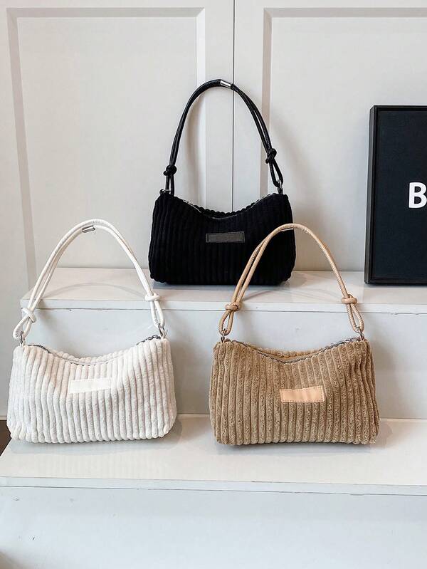 حقيبة كروس بودي ذات كتف واحد للنساء، بلون أحادي مطرز بخطوط، مصنوعة من قماش ناعم مع إغلاق سحاب