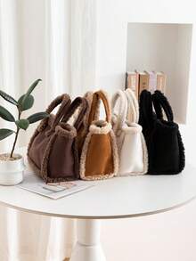 女士毛绒斜挎包手提包，秋冬新款时尚优雅可爱柔软仿麂皮托特包大容量单肩包，可调节肩带，是女性休闲外出和日常使用的完美礼物 - 彩色 - 查看 4