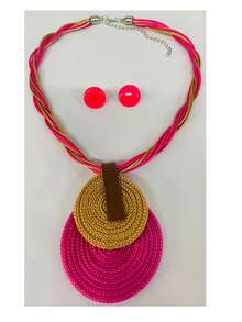 Braided Wire Necklace Set With Double Pendant + Resin Button Earrings – Sophistication In Every Detail. - Pink Rose - View 3