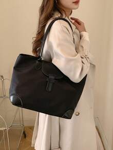 Lightweight Business Casual Large Capacity Tote Bag, Nylon Dual Handle Shoulder Bag, Women's Fashion Office Work Handbag, Stitching Detail Shoulder Tote Bag, Suitable For Teenage Girls, College Students, Young Professionals And Office Workers, An Ideal Choice For The Office - Black - View 4