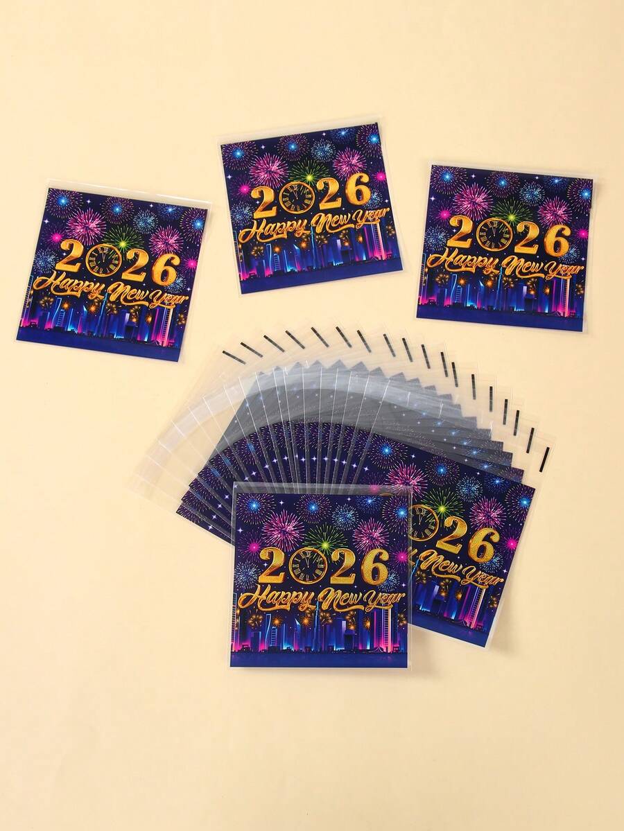 50/100 Stücke 2026 Neujahr bunte selbstklebende Süßigkeitentüten, Geschenktüten mit Feuerwerk und Uhr Design für Neujahr, Geschenkverpackungstüten, Neujahrsparty Gastgeschenktüten, Snacktüten, Schokoladen-Kekstüten, Süßigkeitentüten, Verpackungstüten, 2026 Neujahr Party Dekoration, Neujahrsfeier Zubehör, Silvester Dekoration, Neujahrsgeschenke