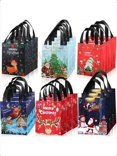 12pcs Medium Christmas Gift Bags 10.6''x7.8''x4'' With Handles, Reusable Non-Woven Fabric Christmas Shopping Bags, New Year Gift Bags, Holiday Party Supplies Decorations(1/6/12pcs)