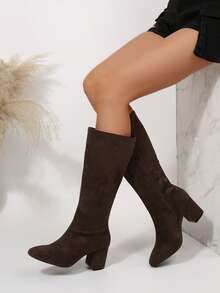 咖啡色宽松直筒靴，侧拉链设计，绒面革材质，粗跟，时尚靴子，舒适透气，优雅百搭，女士过膝长靴，秋冬季，高跟鞋 - 咖啡棕 - 查看 12