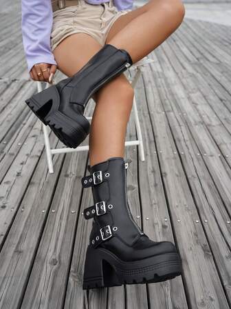 秋冬女式搭扣前拉链时尚中筒靴，金属朋克风粗跟