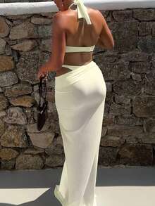 Elegant Sexy Sand Beige Dress - Halter Neck Gown With Metal Ring Detail & Sheer Skirt, Deep V-Cutout Jumpsuit For Beach Vacations & Summer Resorts - 黃色 - 查看 4