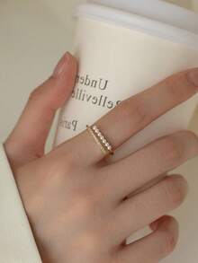 1pc Fashionable Minimalist Faux Pearl & Rhinestone Openable Metal Ring, Suitable For Women's Daily And Holiday Wear - Gold - View 2