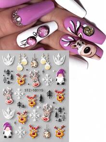 2 pezzi Adesivi per unghie natalizi con renne e Babbo Natale, decorazioni a rilievo 5D a fiocchi di neve, per manicure festive, decorazioni per unghie 3D per il Natale