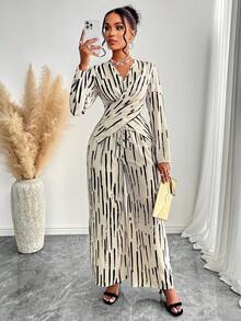 Women's Casual & Commute Artistic Stripe Print Criss Cross Wrap Shirt & Wide-Leg Pant Two Pieces Suit For Office Look
