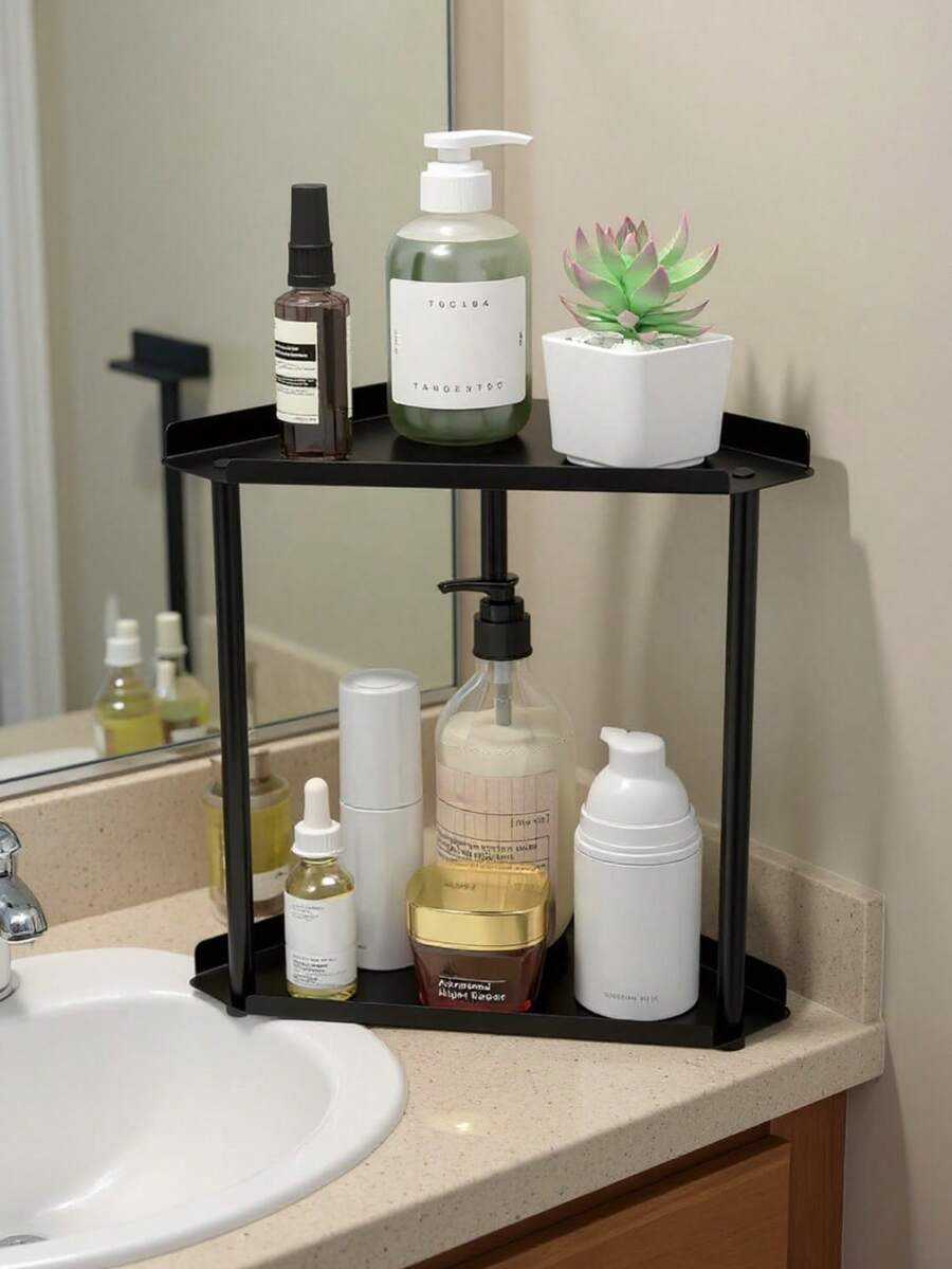 1 Double-Tier Bathroom Storage Rack 2-Tier Perfume, Cosmetics, Skincare, And Toiletries Modern Metal Countertop Organizer Skincare & Cosmetics Countertop Organizer Kitchen & Bathroom Countertop Corner Shelf Bathroom Countertop Storage Rack - 彩色 - 查看 1