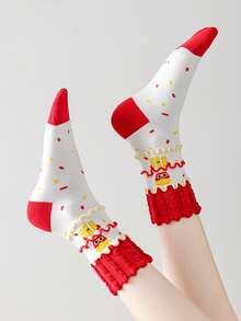1 Pair Women's Cartoon French Fry Pattern Comfortable Soft Cute Mid-Calf Socks - Multicolor - View 4