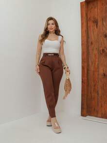 Women's Formal Trousers With Tailored Waist, With Belt, With Pockets, With Zippered Cuffs, DD028 - 棕 - 查看 2