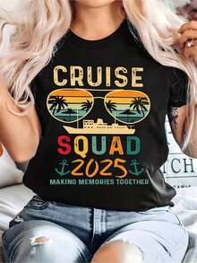 Camiseta gráfica Cruise  2025 para mujeres - Camiseta casual negra de manga corta con cuello redondo y diseño de playa tropical, palmeras y estampado de gafas de moda, perfecta para vacaciones de primavera/verano, camisetas de crucero - Negro - Ver 1