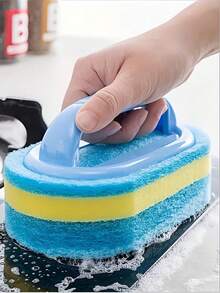 Long Handle Shower Scrubber With Ergonomic Grip - Extend Reach Bath Sponge For Tile Grout Cleaning, Bathtub & Bathroom Surfaces. Two-Tone Non-Scratch Scouring Pad, Ideal For Back Cleaning And Hard To Reach Areas, Kitchen Sink & Pot Cleaning Tool - Blue - View 4