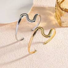 Women's Open Adjustable Bracelet In 18K Gold Plated Metal And 925 Silver, Modern Wavy Geometric Design - 銀色 - 查看 4