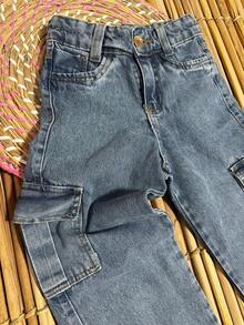 CALÇA FEMININA WIDE LEG CARGO INFANTIL PROMOÇÃO/MODA/FESTA/PASSEIO/MENINAS/ - Lavagem clara - Visão 9