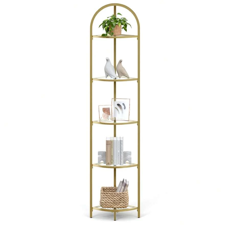 VASAGLE 5-Tier Corner Shelf Stand, Corner Bookshelf, Bathroom Organizer, Plant Stand, Tempered Glass, Metallic Gold - 金色 - 查看 1