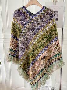 1件人字纹流苏披肩，斗篷披肩，时尚百搭的旅行斗篷，保暖围巾披肩，可搭配连衣裙 - 人字紋流蘇披肩 - 查看 18