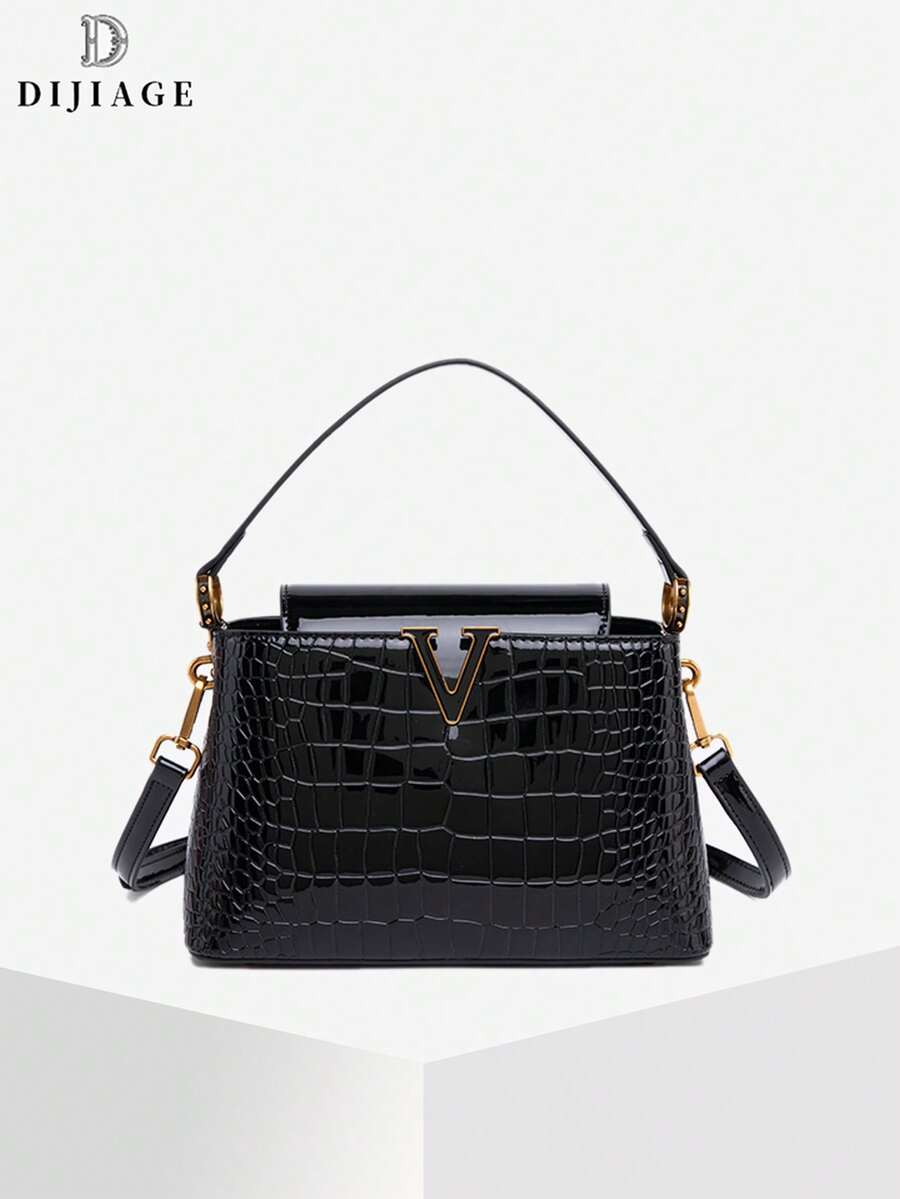 Bolso de mujer elegante y clásico, bolso de mano en forma de V mediano, bolso de mano con estampado de cocodrilo, bolso bandolera de lujo de alta gama, estilo de lujo tranquilo adecuado para fiestas, cenas, actividades al aire libre y viajes