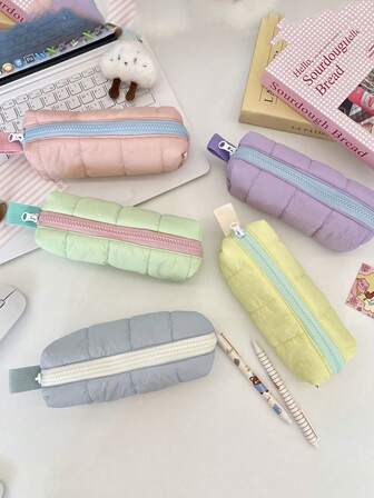 1 件可爱软铅笔袋学生文具袋文具收纳袋多功能办公用品笔筒绗缝铅笔盒记号笔袋大容量铅笔袋适用于学校用品、学生