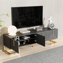 TV Unit, Lowboard With Structured Doors, TV Stand, Gold Handles And Gold Legs. - Black+ Gray + Particle Board + 70-79 Inches - View 7