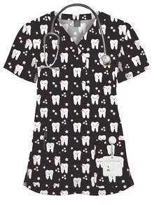 Work Uniform Teeth Print Dentist Comfortable Short Sleeve Scrubs V-Neck Top Clinic Pharmacy Nursing Accessories Blouse New - Multicolor - View 1