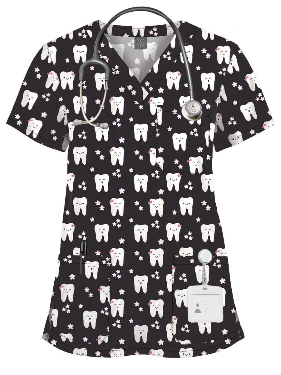Work Uniform Teeth Print Dentist Comfortable Short Sleeve Scrubs V-Neck Top Clinic Pharmacy Nursing Accessories Blouse New - Multicolor - View 1