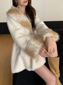 女士冬季豹纹领长袖人造毛领系腰圣诞外套 - 奶昔白 - 查看 8