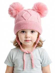 1 件纯色菱形图案婴儿钩针帽带绒球，秋冬幼儿男童女童日常休闲防寒保暖帽带耳帽 - 彩色 - 查看 10