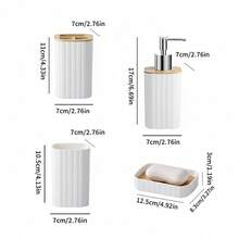 4 pièces Ensemble d'accessoires de salle de bain moderne, organisateur de plan de travail de vanité blanc et en bambou avec distributeur de savon, porte-brosse à dents, gobelet et porte-savon, décoration essentielle pour la maison et le dortoir