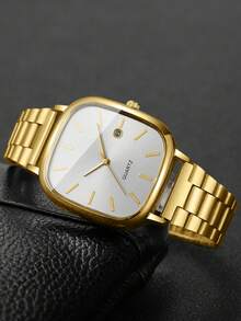 1pc Men's Gift Watch, Classic Fashion Square Dial Calendar Display, Minimalist Casual Stylish Quartz Wristwatch, Watch Box Not Included - Gold - View 4