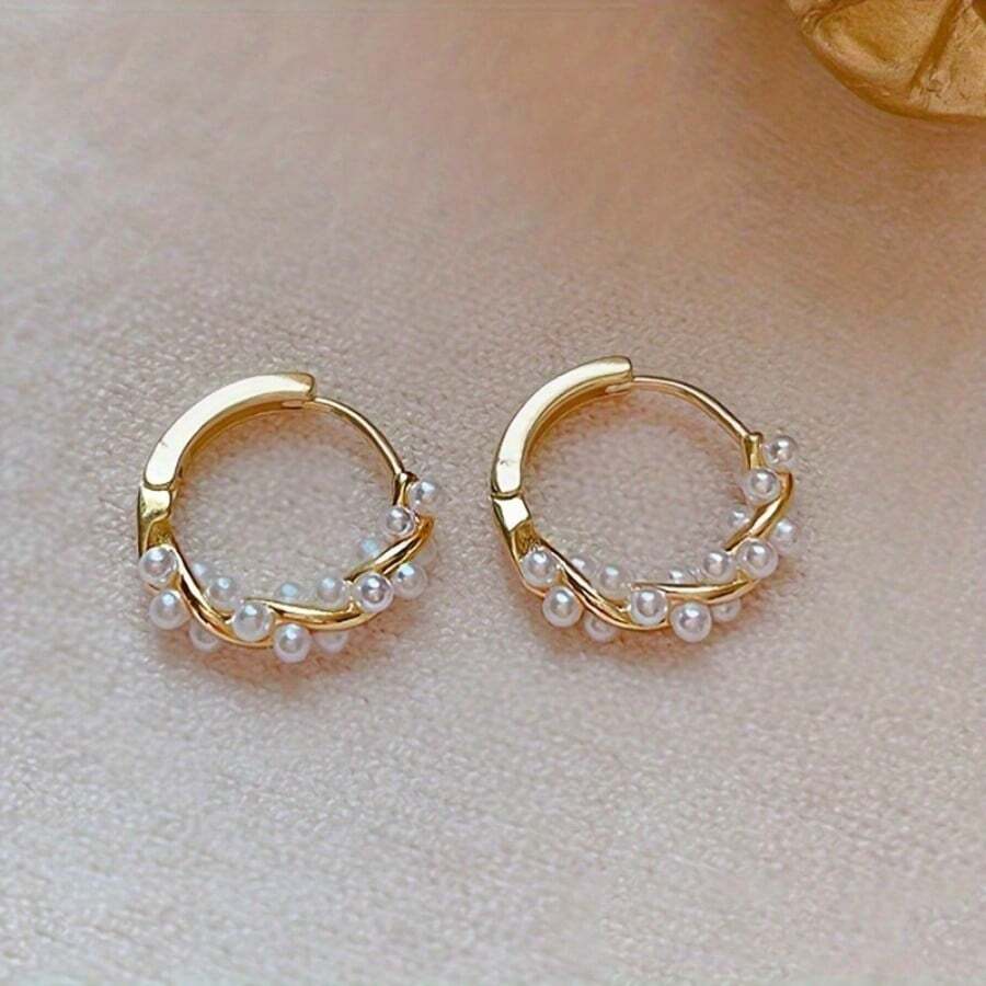 1 Pair Of 18K Golden-Plated Hoop Earrings With Faux Imitation Pearl Accents-Elegant Boho-Chic Design For Casual Attire Or Gift, Zinc Alloy, Vintage- Inspired Women'S Fashion Jewelry - Vàng - Xem 1