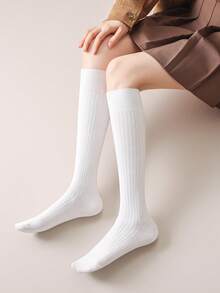 1 Paio di Calze Lunghe Alla Caviglia in Cotone Donna, Colore Unito Costine, Stile Minimalista Alla Moda per la Scuola, Calze Calde e Confortevoli - Multicolore - Visualizzare 10