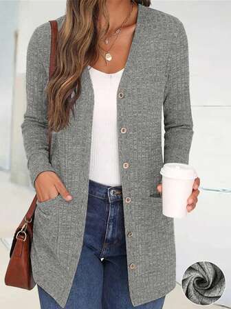 Cardigan oversize da donna a maniche lunghe con bottoni e tasche, di colore unito, stile europeo e americano, adatto per autunno/inverno