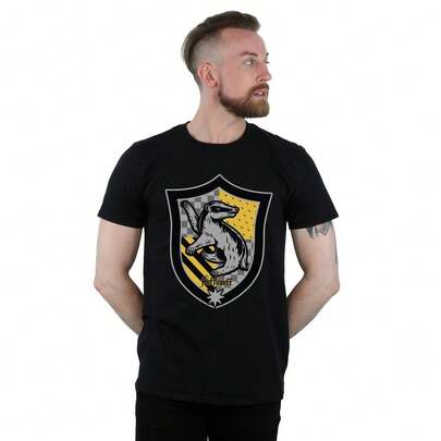 Harry Potter Mens Hufflepuff Crest Flat TShirt (Black)